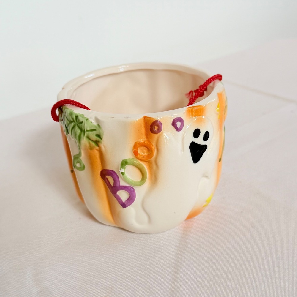 Royal Norfolk Ceramic Halloween Pumpkin Ghost Boo Treat Pail with Red Handle